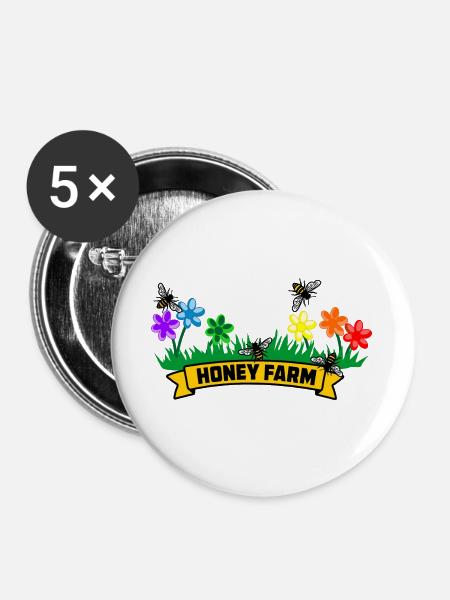 Honigfarm mit bunten Blumen - Buttons groß 56 mm (5er Pack) - Weiß