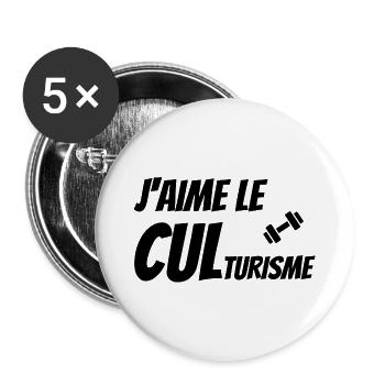 musculation, salle de musculation, culturisme - Lot de 5 grands badges (56 mm) - blanc - Devant