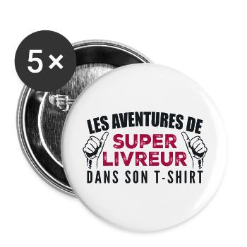 Les Aventures de Super Livreur Dans Son T-shirt - Lot de 5 grands badges (56 mm) - blanc - Devant