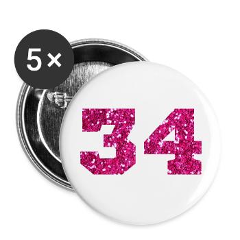 Numéro 34 paillettes rose - 34e anniversaire - Lot de 5 grands badges (56 mm) - blanc - Devant