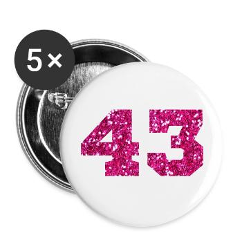 Numéro 43 paillettes rose - 43e anniversaire - Lot de 5 grands badges (56 mm) - blanc - Devant