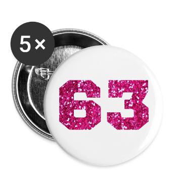 Numéro 63 paillettes rose - 63e anniversaire - Lot de 5 grands badges (56 mm) - blanc - Devant