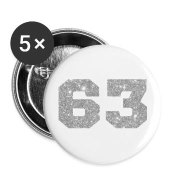Numéro 63 paillettes argenté - 63e anniversaire - Lot de 5 grands badges (56 mm) - blanc - Devant