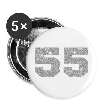 Numéro 55 paillettes argenté - 55e anniversaire - Lot de 5 grands badges (56 mm) - blanc - Devant