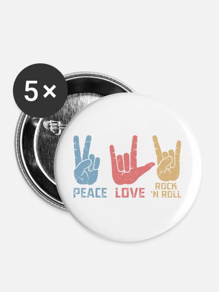 Peace Love Rock 'N Roll Music Guitar Rock Band - Buttons groß 56 mm (5er Pack) - Weiß