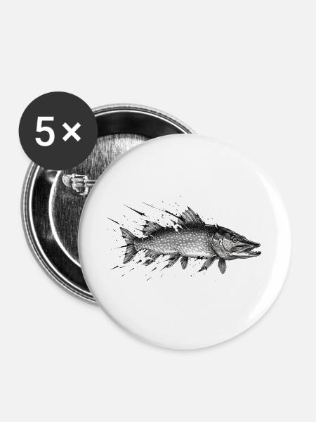 Hecht Raubfisch Angler Ink Vektor - Buttons groß 56 mm (5er Pack) - Weiß