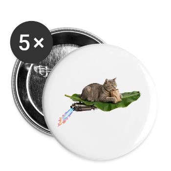 Lustige Katze reitet auf fliegendem Bananenblatt mit Turbo Exh - Buttons groß 56 mm (5er Pack) - Weiß - Vorne
