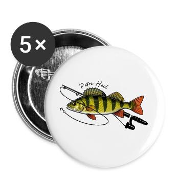 Angeln mit Rute Barsch Fisch Petri Heil - Buttons groß 56 mm (5er Pack) - Weiß - Vorne