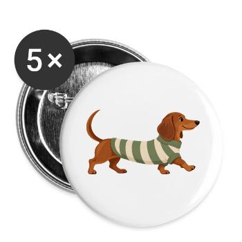 Dackel im Streifenpullover - Buttons groß 56 mm (5er Pack) - Weiß - Vorne