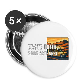 Erste Wohnmobilreise Geschenk für Anfänger - Buttons groß 56 mm (5er Pack) - Weiß - Vorne
