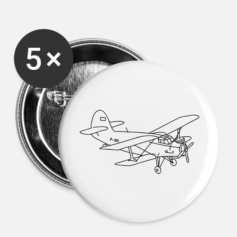 Biplan (avion) - Lot de 5 grands badges (56 mm) - blanc
