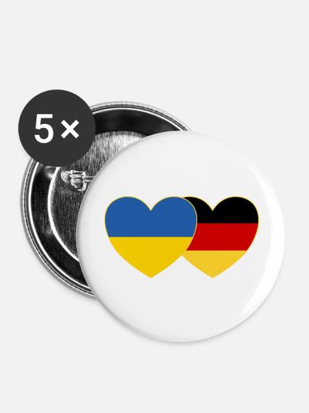 Ukraine Deutschland Herz Flagge - Buttons groß 56 mm (5er Pack) - Weiß