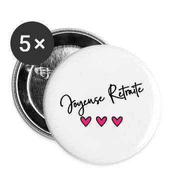 RETRAITE. BONNE RETRAITE. JOYEUSE RETRAITE. - Lot de 5 grands badges (56 mm) - blanc - Devant