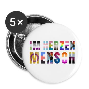 Buntes Schriftzug Pride T Shirt "Im Herzen Mensch" - Buttons groß 56 mm (5er Pack) - Weiß - Vorne