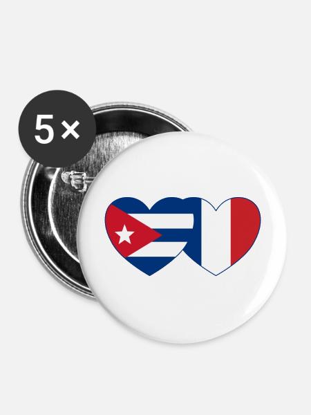 Kuba Frankreich Flagge Herz - Buttons groß 56 mm (5er Pack) - Weiß