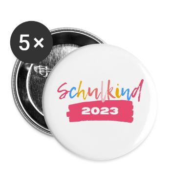 Schulkind 2023 T-Shirt Einschulung - Buttons groß 56 mm (5er Pack) - Weiß - Vorne