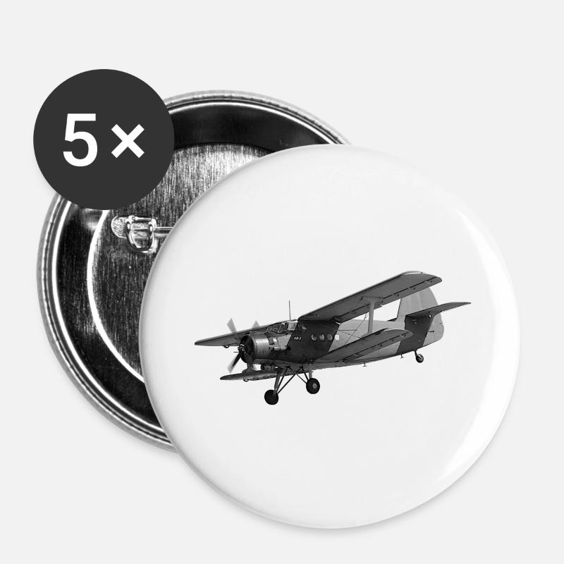 Flugzeug AN2 Doppeldecker Propeller Oldtimer - Buttons groß 56 mm (5er Pack) - Weiß