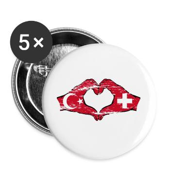 Turquie Suisse Drapeau Mains Coeur Forme Utilisé - Lot de 5 grands badges (56 mm) - blanc - Devant