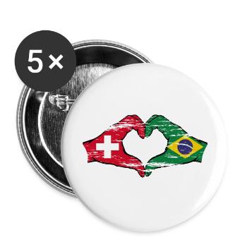 Suisse Brésil drapeau coeur forme avec la main utilisée - Lot de 5 grands badges (56 mm) - blanc - Devant