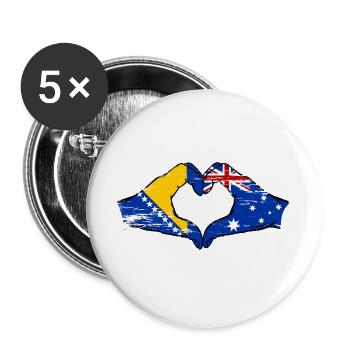 Bosnien Australien Flagge Hände Herzform used - Buttons groß 56 mm (5er Pack) - Weiß - Vorne
