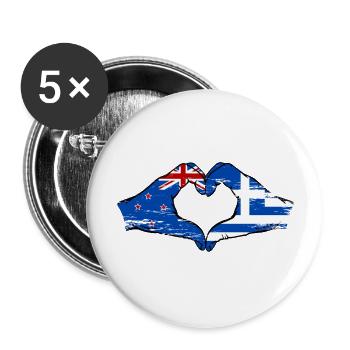 Neuseeland Griechenland Flagge Haende Herzform - Buttons groß 56 mm (5er Pack) - Weiß - Vorne