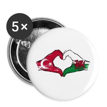 Turquie Pays de Galles drapeau mains forme coeur utilisé - Lot de 5 grands badges (56 mm) - blanc - Devant