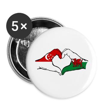 Singapur Wales Flagge Hände Herzform - Buttons groß 56 mm (5er Pack) - Weiß - Vorne