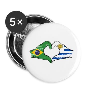 Brasilien Uruguay Flagge Hände Herzform used - Buttons groß 56 mm (5er Pack) - Weiß - Vorne