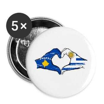 Kosovo Uruguay Flagge Hände Herzform used - Buttons groß 56 mm (5er Pack) - Weiß - Vorne