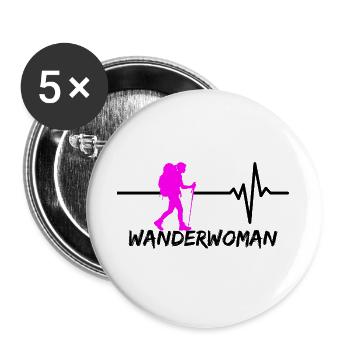 WANDERWOMAN – TRAIL QUEEN! WANDERLUST, WANDERN - Buttons groß 56 mm (5er Pack) - Weiß - Vorne