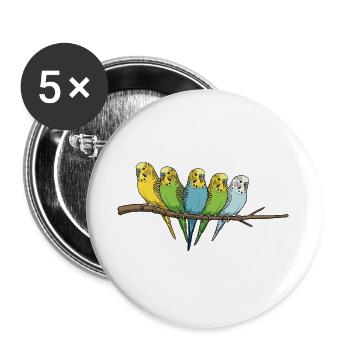 Famille colorée de perruches ondulées sur la branche - Lot de 5 grands badges (56 mm) - blanc - Devant