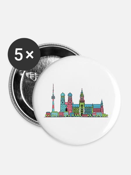 Münchner Stadtskyline Marienplatz Moderne Linienkunst - Buttons groß 56 mm (5er Pack) - Weiß