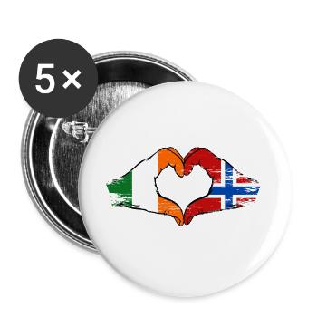 Mains du drapeau de l’Irlande et de la Norvège en forme de cœur utilisées - Lot de 5 grands badges (56 mm) - blanc - Devant