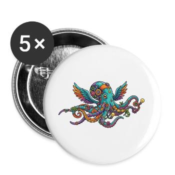 Colorful Steampunk Octopus with Wings Fantasy Creatures - Buttons large 2.2''/56 mm (5-pack) - white - Front