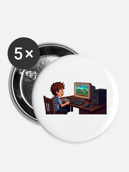 Retro-Gamer Kind am PC - Buttons groß 56 mm (5er Pack) - Weiß