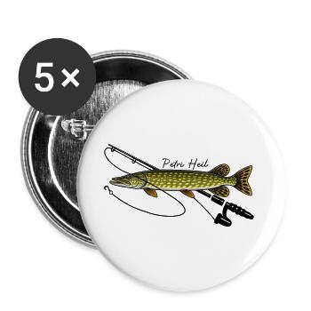 Angeln mit Rute Hecht Fisch Petri Heil - Buttons groß 56 mm (5er Pack) - Weiß - Vorne