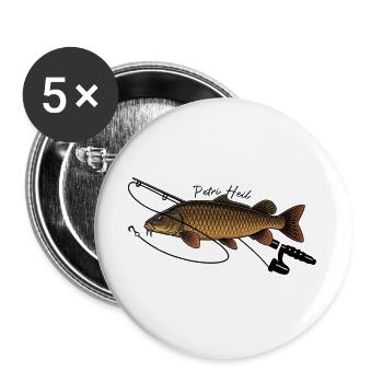 Angeln mit Rute Karpfen Fisch Petri Heil - Buttons groß 56 mm (5er Pack) - Weiß - Vorne