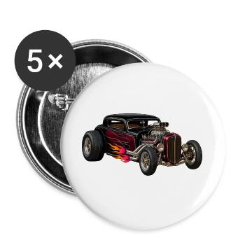 Flammenhotrod mit Chrommotor - Buttons groß 56 mm (5er Pack) - Weiß - Vorne