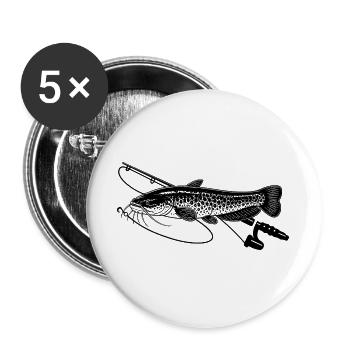 Wels Fisch angeln mit Rute Petri Heil - Buttons groß 56 mm (5er Pack) - Weiß - Vorne