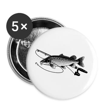 Karpfen Fisch angeln mit Rute Petri Heil - Buttons groß 56 mm (5er Pack) - Weiß - Vorne