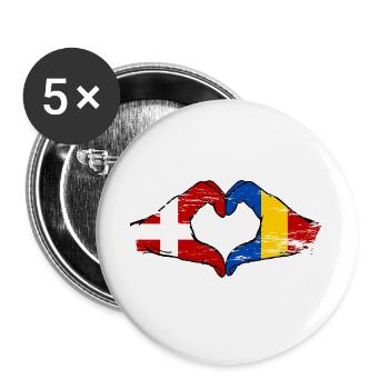Rumänien Dänemark Flagge Hände Herzform used - Buttons groß 56 mm (5er Pack) - Weiß - Vorne