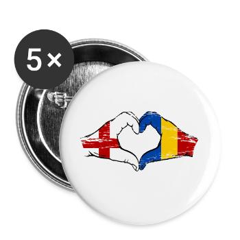 England Rumänien Flagge Hände Herzform used - Buttons groß 56 mm (5er Pack) - Weiß - Vorne