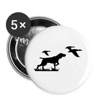 Laufender Hund Silhouette mit Vögeln - Entenjagd - Buttons groß 56 mm (5er Pack) - Weiß - Vorne