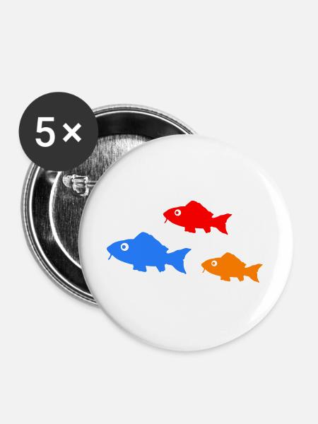 Bunte Fischsilhouetten Trio - Buttons groß 56 mm (5er Pack) - Weiß