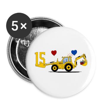 15. Geburtstag Bagger Traktor - Buttons groß 56 mm (5er Pack) - Weiß - Vorne