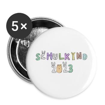 Schulkind 2023 süßes Alphabet - Buttons groß 56 mm (5er Pack) - Weiß - Vorne