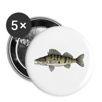 Zander Predator-Fisch-Design für Angler - Buttons groß 56 mm (5er Pack) - Weiß - Vorne