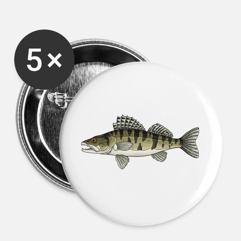 Zander Predator Fish Design for Anglers - Buttons large 2.2''/56 mm (5-pack) - white