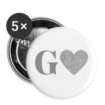 Buchstabe g silbernes Herz - Buttons groß 56 mm (5er Pack) - Weiß - Vorne