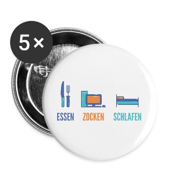 Essen Zocken Schlafen Gamer Spruch - Buttons groß 56 mm (5er Pack) - Weiß - Vorne